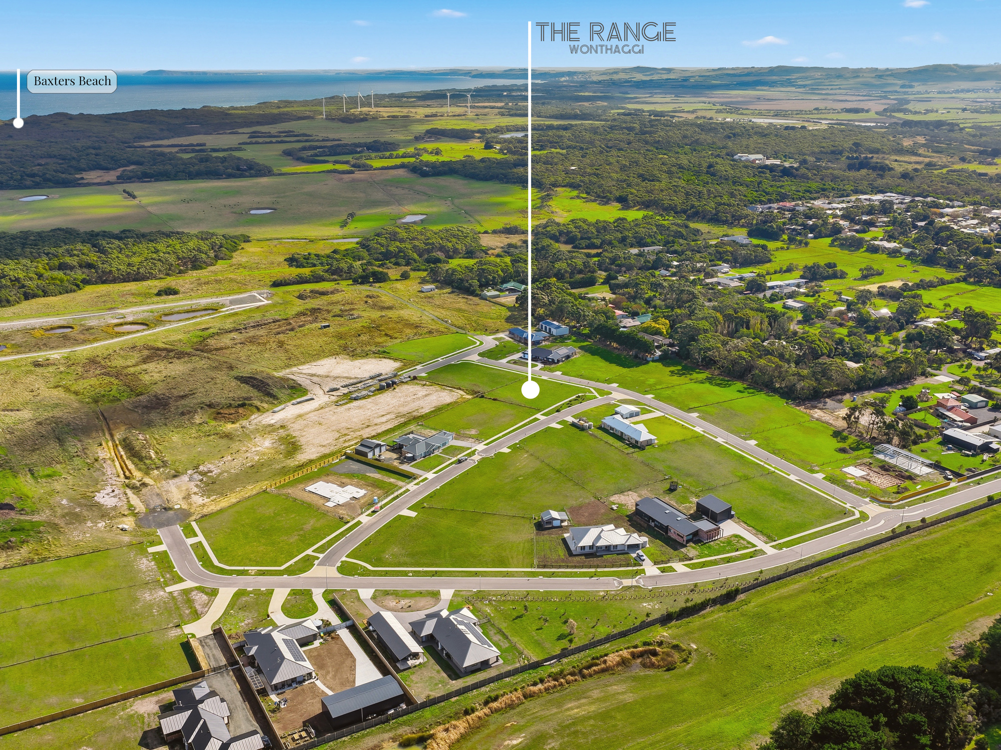 Aerial view of The Range estate with Baxters Beach in the distance