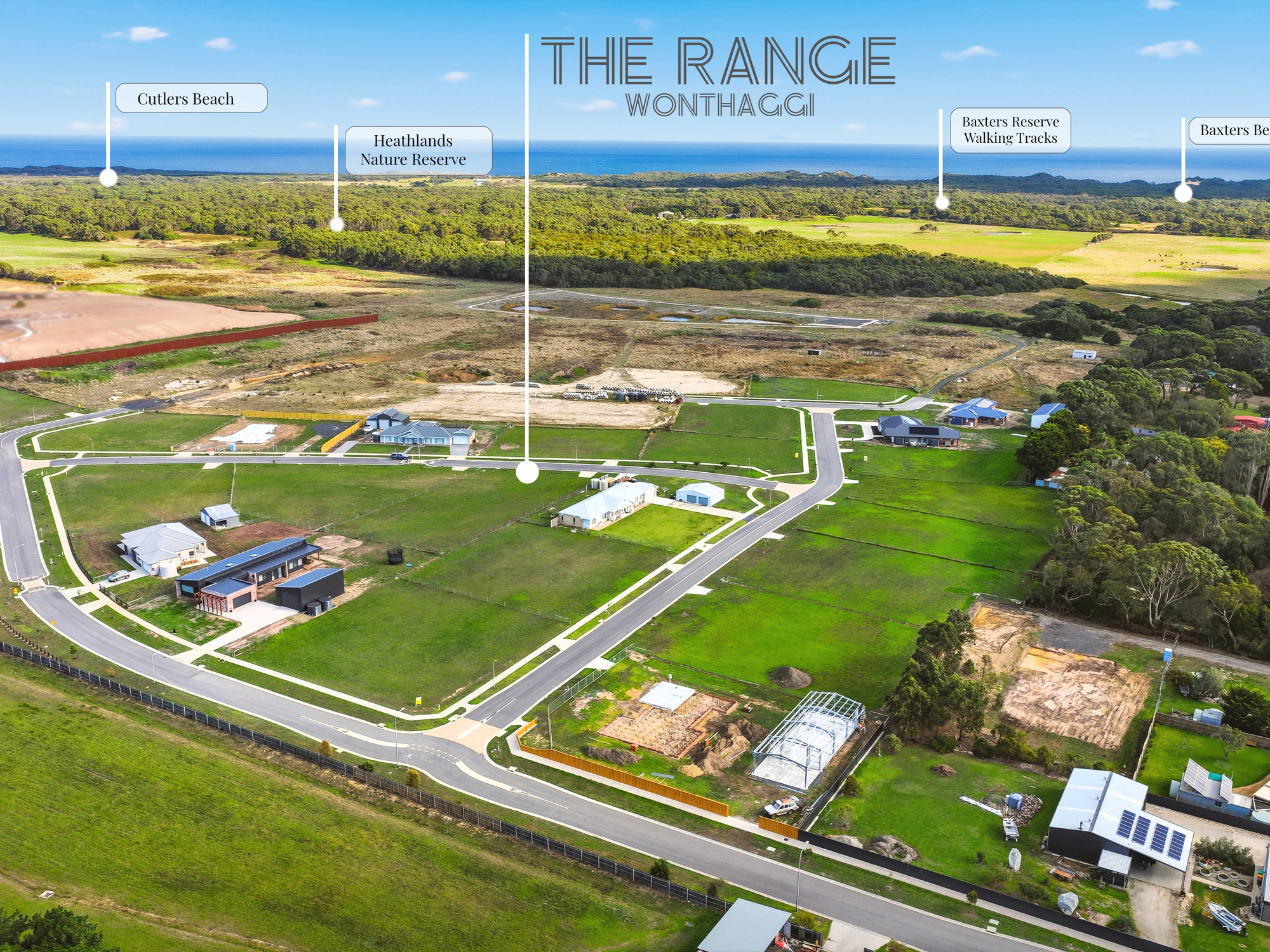 Aerial view of The Range with Cutlers Beach, Heathlands Nature Reserve and Baxters Reserve walking tracks